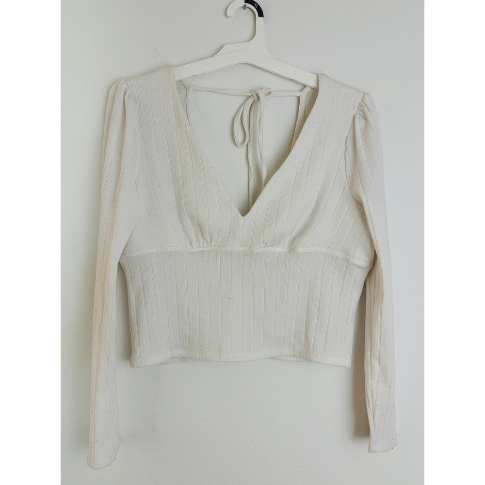 Love & Piece Collective White Ribbed V-Neck Tie Back Puff Sleeve Crop Top XL